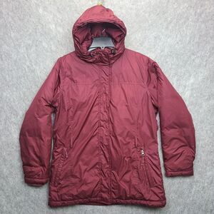 Lands End Goose Down Puffer Jacket Parka Womens MEDIUM Red‎ Maroon Hooded